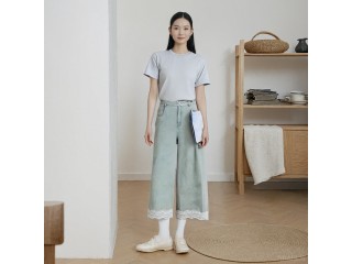 溫碧霞代言IRENENA服裝時尚百搭顯瘦蕾絲藍色闊腿牛仔褲